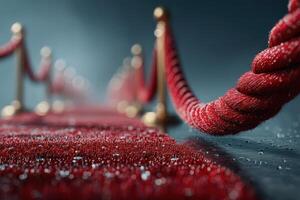 Red carpet with barriers set up for an event under soft lighting showcasing glamour and elegance photo