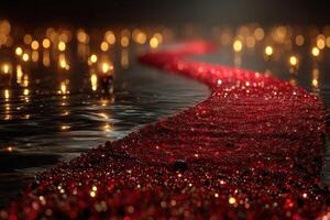 Luminous red path reflects in water with glowing lights creating a magical atmosphere at night photo