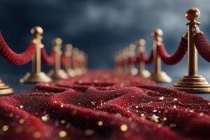 Red carpet lined with golden stanchions and velvet ropes creates an elegant entrance for a glamorous event photo