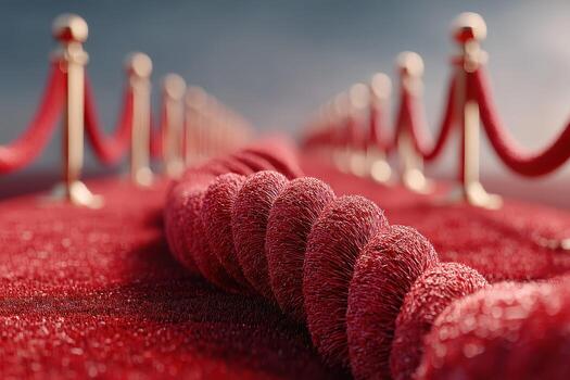 Elegant red carpet leading to a glamorous event with velvet ropes and soft lighting photo