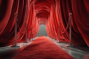 Grand entrance lined with red velvet curtains and golden ropes leading to a bright exit photo