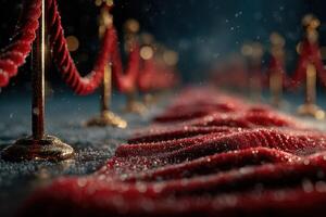 Red carpet lined with velvet ropes and raindrops creates a glamorous ambiance for an evening event photo