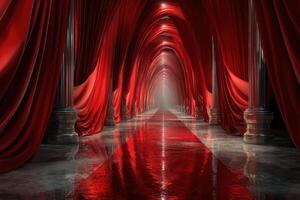 Elegant hallway draped in red velvet curtains with a reflective floor and pillars, creating a dramatic atmosphere for an event photo
