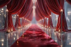 Elegant red carpet event setup with luxurious drapes and ambient lighting in a grand hall photo