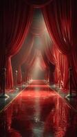 Red velvet curtain hallway with shining floor reflects light in a dramatic setting photo