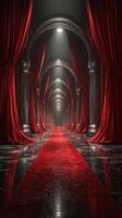 Elegant corridor lined with red curtains in a dramatic architectural setting photo