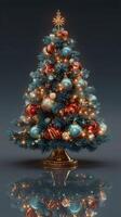 Colorful Christmas tree adorned with ornaments and fairy lights in a dark setting photo