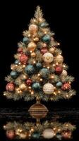 Beautifully decorated Christmas tree with colorful ornaments and warm lights glowing in a dark setting photo