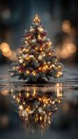 Sparkling Christmas Tree with Lights and Ornaments Reflected in Water photo