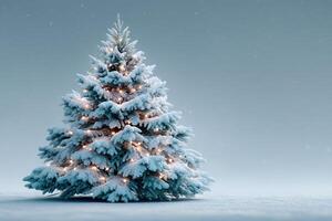Snow-covered evergreen tree adorned with warm lights in a tranquil winter setting during the holiday season photo