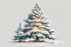 Winter wonderland with snow-covered trees illuminated in a serene atmosphere during a quiet snowfall photo