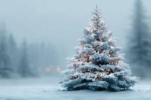 Snow-covered Christmas tree adorned with lights in a winter landscape at dusk photo