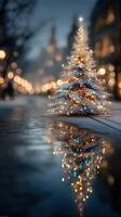 Festive holiday tree illuminated at twilight in a charming urban setting near a reflective puddle photo