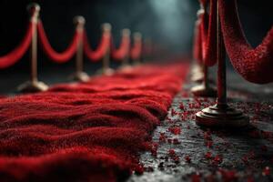 Elegant red carpet pathway lined with stanchions and velvet ropes under soft lighting photo