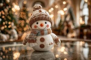 Charming handmade snowman decoration in a cozy holiday setting with glowing lights and festive trees photo