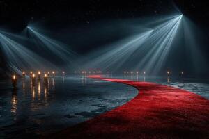 Elegant red carpet path illuminated by beams of light in a dark, atmospheric space during a glamorous evening event photo