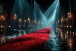 Elegant red carpet event venue illuminated by soft lights and adorned with rose petals photo