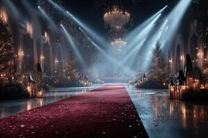 Elegant holiday gala setting with a red carpet and chandeliers in a grand venue photo