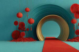 Festive red and gold entrance design featuring lanterns and decorative elements in serene blue setting photo