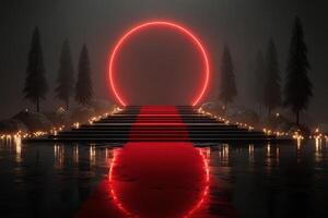 Illuminated red circle over stone steps with a red carpet, surrounded by trees and candles at twilight photo