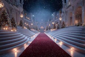Elegant winter gala with illuminated pathway in a grand hall adorned with holiday decorations photo