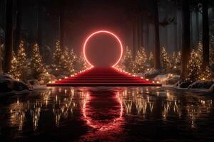 Enchanted pathway illuminated with red light leads through a winter forest lined with glowing trees and candles photo