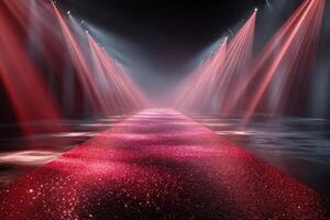 Glittering runway illuminated by vibrant lights in a stylish event venue during a fashion show photo