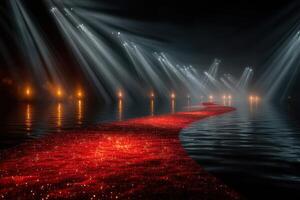 Unique glowing path across water illuminated by dramatic lighting during a nighttime event photo