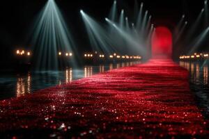 Stunning red carpet lit by dramatic lights creating a captivating atmosphere for a glamorous event photo