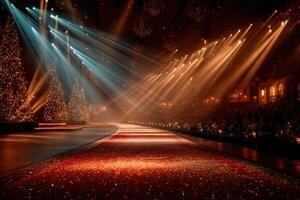 Festive runway adorned with sparkling lights and holiday trees during a winter themed event in the evening photo