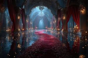 Elegant grand hall with red carpet and chandeliers illuminated by soft lighting photo