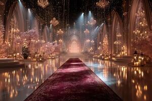 Lavishly decorated hall with twinkling lights and elegant ambiance for a special event at night photo