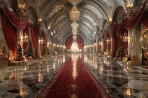 Elegant Christmas hall adorned with decorations and soft lighting in a luxurious setting photo
