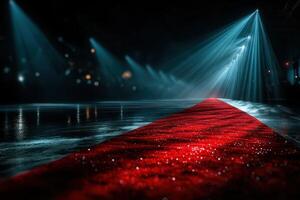 Elegant red carpet laid out in a dimly lit venue showcasing dramatic lighting effects at an exclusive event photo