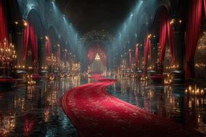Elegant ballroom with a grand carpet and luxurious decor illuminated by candles and soft lighting in a majestic setting photo