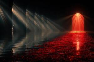Mystical red light illuminating a serene water surface in an ethereal environment during twilight hours photo
