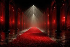 Red carpet lined with rose petals in a grand, dimly lit hall with spotlight effects photo