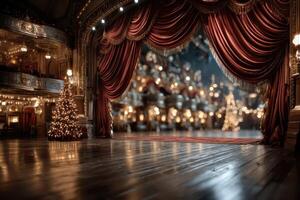 Elegant theater stage with ornate curtains and a beautifully decorated Christmas tree at night photo