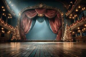 Elegant theater stage adorned with festive decorations and soft lighting creating a magical atmosphere during the holiday season photo