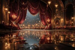 Elegant ballroom with dramatic curtains and shimmering lights invites a magical evening atmosphere photo