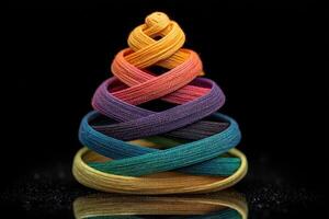 Colorful spiral arrangement of ribbons on a black background showcasing artistic creativity and design photo