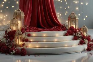 Elegant red draped stage with lanterns and floral arrangements creates a romantic atmosphere for an event photo