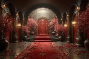 Elegant hall adorned with cherry blossoms and intricate architecture during a serene evening photo