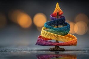 Colorful yarn tree decoration with vibrant ribbons on blurred background during festive season photo