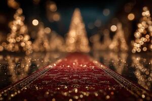 Glowing Christmas trees line the pathway decorated with shimmering lights and a luxurious red carpet at twilight photo