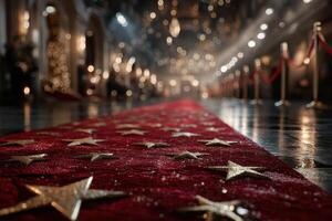 Elegant red carpet with golden stars leading to a glamorous event venue at night photo