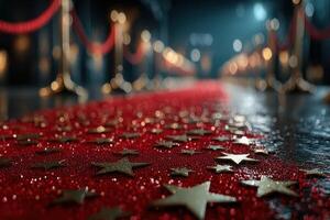 Glistening red carpet with golden stars leading to an event venue in a dimly lit atmosphere photo