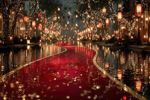 Stunning festive walkway adorned with lanterns and lights along a serene waterway in the evening glow photo
