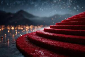 Red carpet staircase illuminated by soft light under a starry night sky near mountains photo