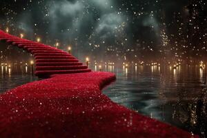 Elegant red carpet winding through a mystical landscape with shimmering lights at nighttime photo